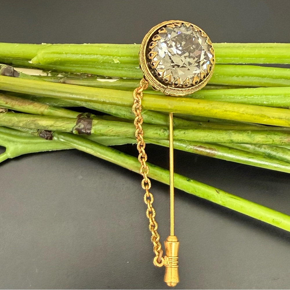 Vintage Unsigned Large Faceted Smoky Quartz Crystal Filigree Chain Stick Pin 15g